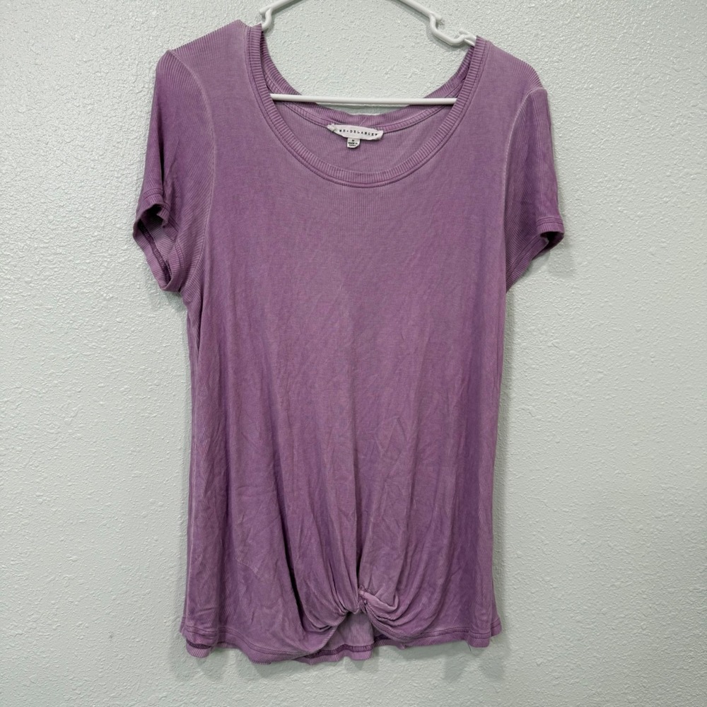 Jane + Delancey Purple Ribbed Front Knot Short Sleeve Top Medium